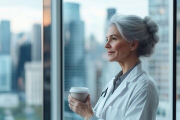 A healthcare professional with gray hair stands by a large window, holding a coffee cup and looking out over a bustling city skyline. The bright daylight highlights her thoughtful expression and calm 