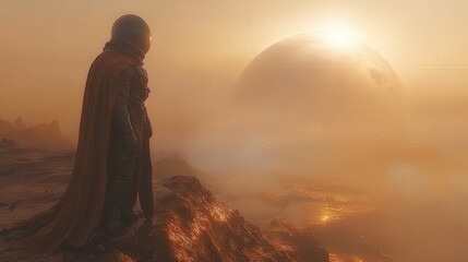 A lone figure in a spacesuit gazes at a distant planet amidst a hazy, otherworldly landscape.