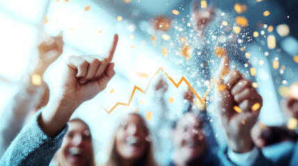 Business team planning. Business team celebrating profit milestones, with a large upward trend graph displayed behind them