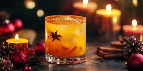 A spicy turmeric-infused holiday cocktail in a glowing amber hue, surrounded by festive candles,