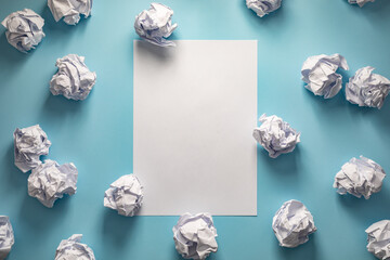 Blank sheet of paper rests on light blue backdrop, surrounded by scattered crumpled pieces of white...