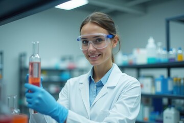 A researcher smiling while holding a test tube filled with a red solution in a modern laboratory. Shelves filled with various chemicals and equipment create a busy background indicating an active rese