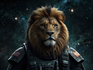 A monster with the head of a lion, dressed in black military gear, with stars in space behind it.