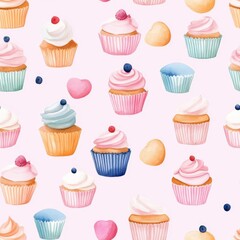 Delicate watercolor muffins and cupcakes, vibrant pastel palette, seamless pattern, intricate details for whimsical designs