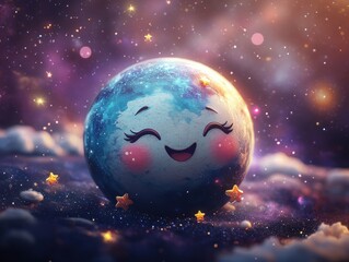 A cheerful cartoon Earth surrounded by stars in a colorful cosmic setting.