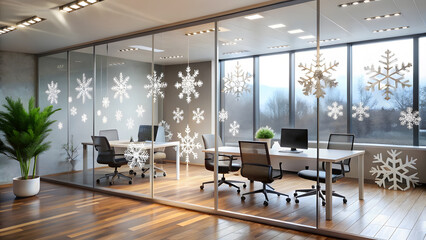 Elegant Office with Frosted Windows and Christmas Decals. Perfect for: Christmas, Seasonal Gatherings, Winter Celebrations
