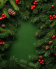 A festive Christmas wreath adorned with pine cones and vibrant red berries, set against a lush green backdrop, evokes holiday cheer and warmth.