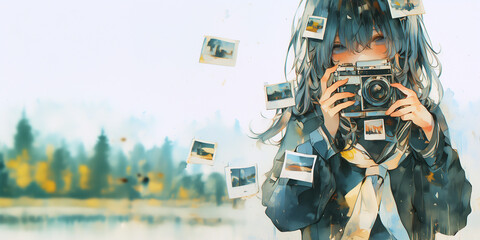 インスタントカメラで写真を撮る女性。水彩画。イラスト。