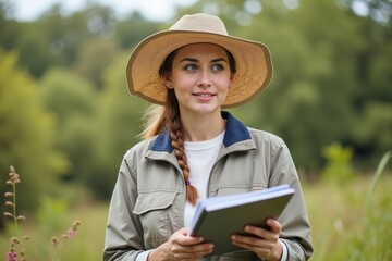 A young woman stands in a lush green area, holding a clipboard and looking thoughtful. Dressed in a light jacket and wide brimmed hat, she is engaged in field research, surrounded by nature and wildli