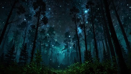 Obraz premium A night forest in 3D, featuring a starry sky and digital spray art.