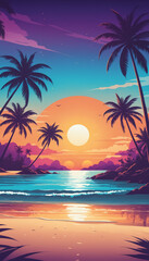 Palm Trees Silhouettes On Tropical Beach At Sunset - Modern Vintage Colors