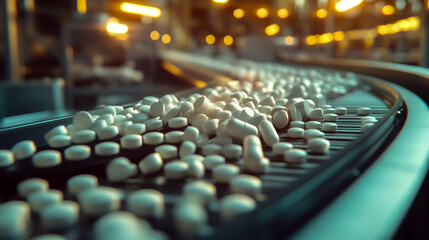 Fototapeta premium White medicine bottle pills on a conveyor belt in a factory production line