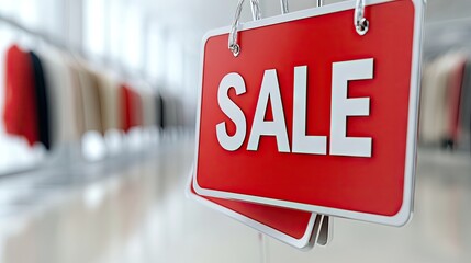 Bright red sale signs invite shoppers into an empty fashion store amidst a minimalist mall environment