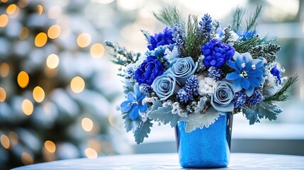 A blue winter bouquet with roses, carnations, orchids, and lavender, in a blue vase with a snowy fir tree background.