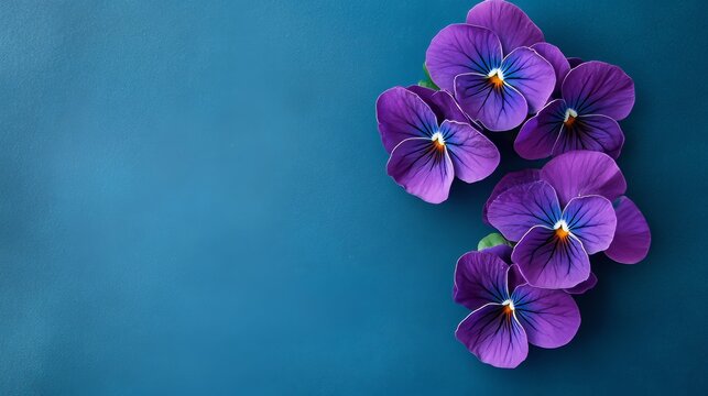 A cluster of vibrant purple violets on a cool indigo background, natural close-up shot, Minimalist style