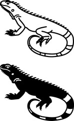 Iguana Icons. Black and White Vector Illustration. Large Tree Lizard. Domestic Pet. For Coloring Book Design. Pets Concept