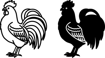 Rooster Icons. Black and White Vector Illustrations. Bird. Agriculture, Farming. For Coloring Book Design. Domestic Animals Concept