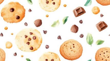 Fototapeta premium Watercolor cookies and chocolate chips, warm tones, seamless pattern, intricate brush details, cozy and inviting aesthetic