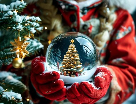 "A small snow globe with a crystal clear dome held by a child in bright red mittens. Inside the ball is Santa's cozy workshop: miniature elves are working on toys, and in the center there is a huge Ch