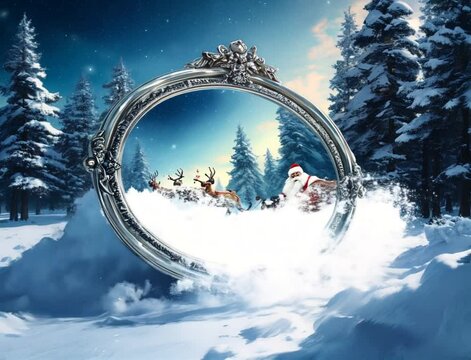 "A huge silver mirror with an ice frame stands in the middle of a snow-covered forest. In his reflection, Santa Claus is seen racing on a sleigh pulled by nine reindeer. The stars in the sky are brigh