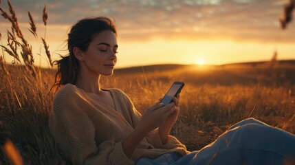 Naklejka premium Woman sits on a hill at sunset, using her smartphone, enjoying the tranquility of nature and the digital world 