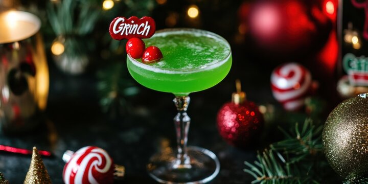 A whimsical "Grinch" cocktail with a vibrant green hue, red cherry garnish, and festive candy,