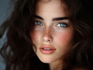 Fototapeta premium A woman with freckles on her face and blue eyes