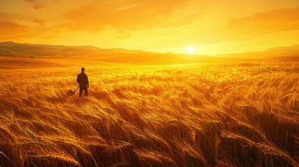 A farmer standing in the middle of a golden wheat field, leaning on a scythe and surveying the land. The warm sunlight and clear sky add a sense of pride and accomplishment. The vastness of 