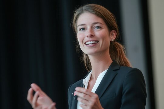 A confident speaker addresses the audience at a conference. Dressed in a black blazer and white blouse, she gestures enthusiastically while sharing valuable insights, creating an engaging atmosphere f