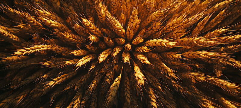 Golden wheat ears arranged in the center of an explosion, viewed from above