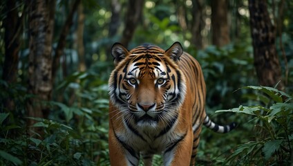 A powerful tiger stealthily navigating through the jungle.
