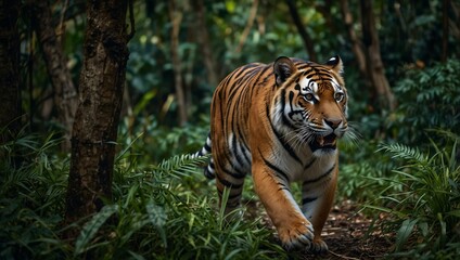 Obraz premium A powerful tiger stealthily navigating through the jungle.