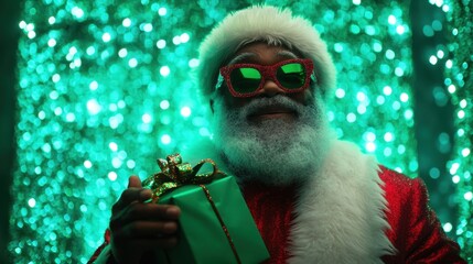 Santa with green presents in hand, standing confidently against a vivid emerald background, glowing holiday vibe.