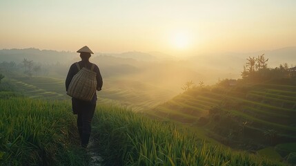 Fototapeta premium A farmer walking along a terraced rice field during a misty sunrise, holding a traditional woven basket over their shoulder. The lush green terraces stretch into the distance, while the soft 