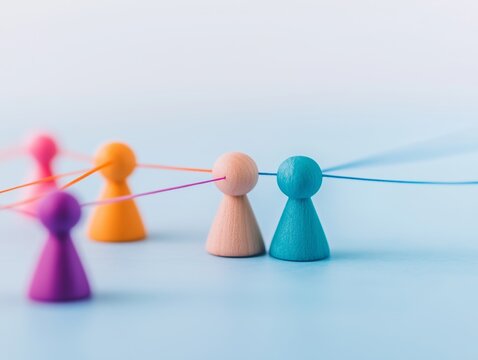 Human connection metaphor featuring colorful pawns lines mutual visual objects communication unity concept teamwork symbolic abstract social