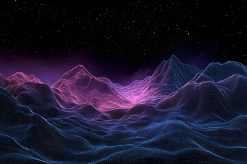 Visualization of metaverse concept, landscape with mountains, dark sky and glowing stars in the background. Digital art abstract illustration.