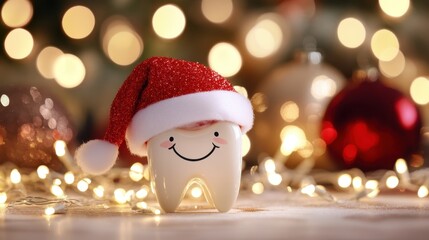 Smiling tooth donning a Santa Claus hat, set against a festive background ideal for holiday dental marketing
