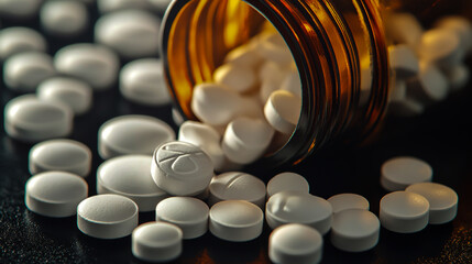 White pills spilling out of an open medicine bottle on a black background