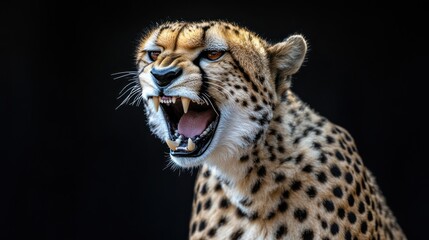 Obraz premium Close-up of a snarling cheetah against a black background.
