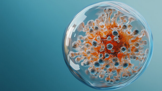 3d rendering of abstract 3d ball in glass material with organic deformed bacteria shape inside in orange black white and blue colors ai generated. Organic. Illustration