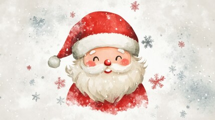Watercolor-style chibi Santa Claus with a tiny red hat and cheerful smile, surrounded by snowflakes.