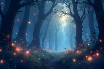 Enchanted Forest Path with Ethereal Blue Mist and Dancing Light Orbs at Twilight