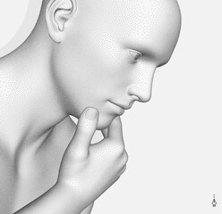 Time to think.  man with his hand on his chin as though he was thinking. Searching for answers. Giving it a little thought. Minimalistic design for business presentation, flyer or poster. 3d vector.
