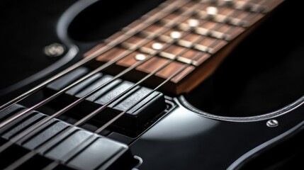 Fototapeta premium Close-up of a black bass guitar's fretboard and pickups.