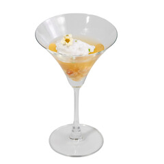 A stylish cocktail served in a martini glass, featuring a creamy topping and vibrant orange-colored contents.