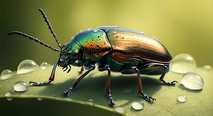 Naklejka premium Beetle on a Vibrant Green Leaf, Leaves, Rain Drop Dew Water, Insect Bug Nature Wildlife Image