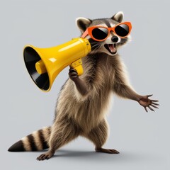 Fototapeta premium Cool raccoon hipster in sunglasses announcement. Marketing, sale, discount concept