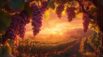 Fototapeta premium A serene vineyard at sunset, with ripe grapes hanging heavily from the vines. The golden light bathes the scene, creating a romantic and abundant atmosphere 