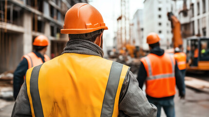 Fototapeta premium Construction workers wearing orange safety helmets and high-visibility vests at a busy urban construction site with heavy machinery and unfinished buildings.