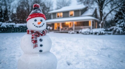 Fototapeta premium Cheerful Snowman in Winter Wonderland Outside Cozy Home